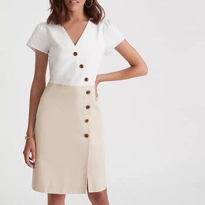 Ann Taylor Button Trim V-Neck Sheath Dress - White and Beige - 8